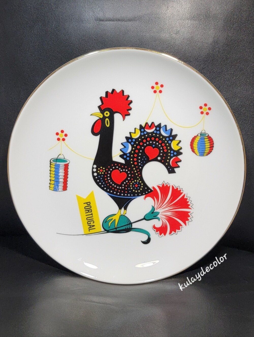 Vintage Portugal Galo de Barcelos Rooster Decorative Plate 8" Gold Gilt Folk Art